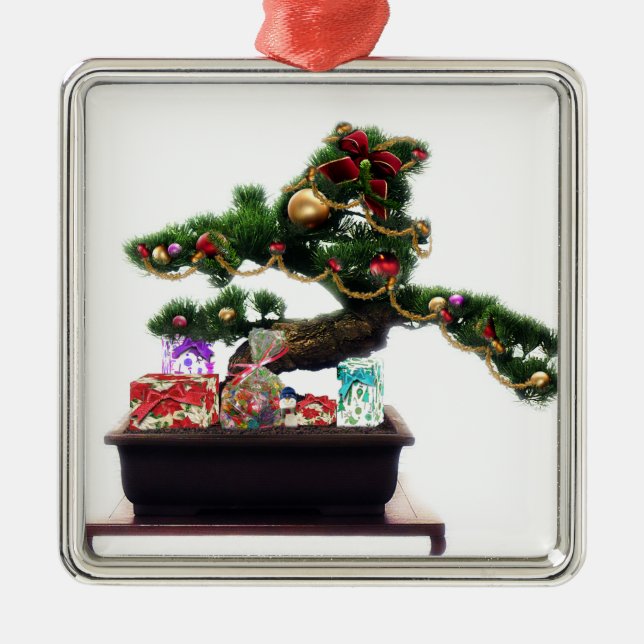 Ornement Carré Argenté Arbre de Noël Bonsai (Devant)