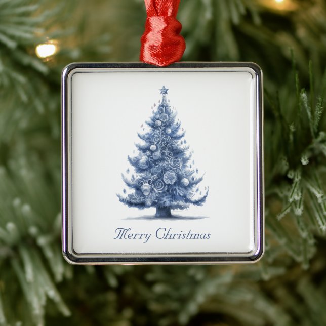 Ornement Carré Argenté Arbre de Noël dans Delft Blue personnalisable (Arbre)