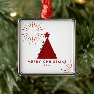 Ornement Carré Argenté Arbre de Noël en aquarelle rouge Modèle