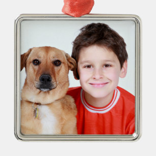 Ornement Carré Argenté Arbre de Noël Personnalisé Pour Enfant Et Chien