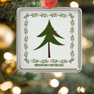 Ornement Carré Argenté Arbre de Noël Rétro Vintage & Nom de Famille Couro