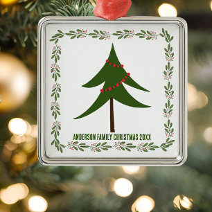 Ornement Carré Argenté Arbre de Noël Rétro Vintage & Nom de Famille Couro