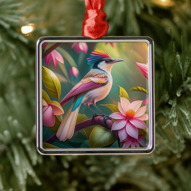 Ornement Carré Argenté Arc en arc-en-ciel Jay Imaginaire Bird (Arbre)