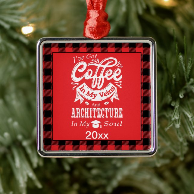 Ornement Carré Argenté Architecture College étudiant Red Plaid Xmas (Arbre)