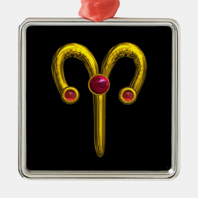 Ornement Carré Argenté ARIES ZODIAC ANNIVERSAIRE JEWEL Rouge Ruby Or (Devant)