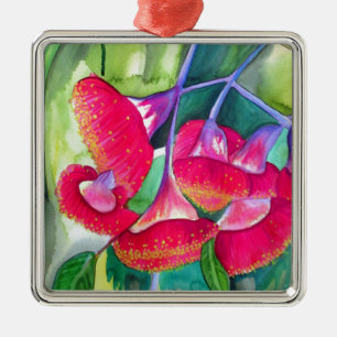 Ornement Carré Argenté Art de l'aquarelle australienne à fleurs rouges