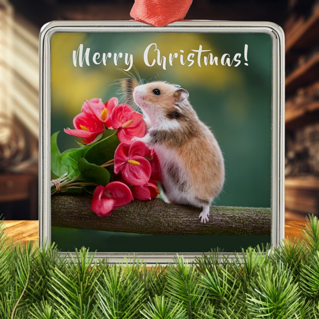 Ornement Carré Argenté Arthurium rouge avec Hamster Joyeux Noël (Créateur téléchargé)