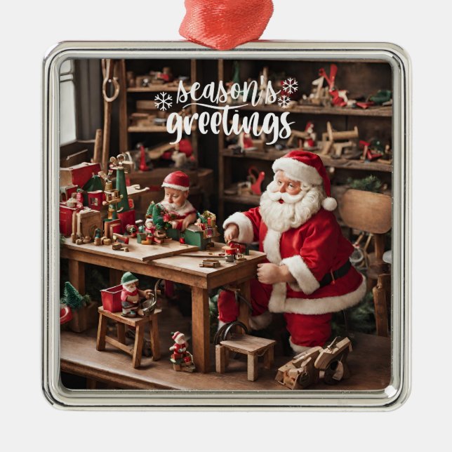 Ornement Carré Argenté Atelier de jouets de Noël père Noël (Devant)