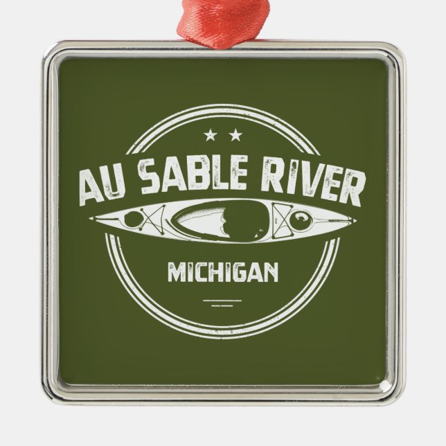 Ornement Carré Argenté Au Sable River Michigan Kayak (Devant)