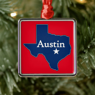 Ornement Carré Argenté Austin Texas Lone Star State Map Texan Noël