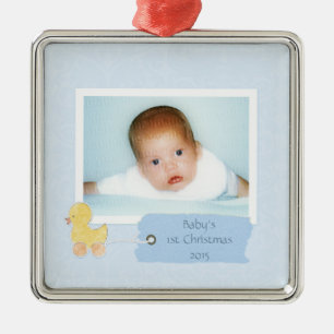 Ornement Carré Argenté Baby Boy First Christmas Duckling Photo personnali