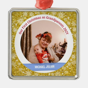Ornement Carré Argenté Baby Boy Photo 1er Noël Grand-parents Golden