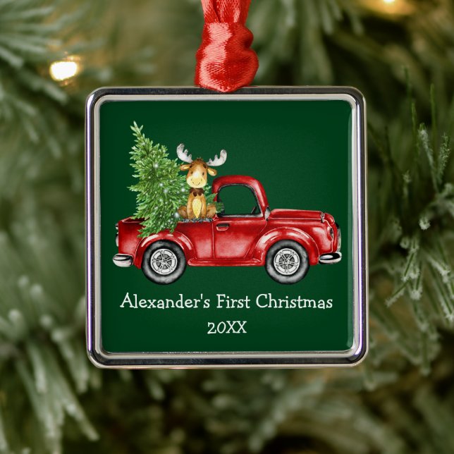 Ornement Carré Argenté Baby First Christmas Camion rouge Moose Green (Arbre)