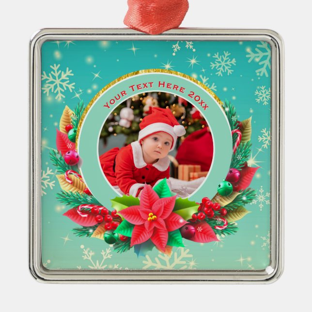 Ornement Carré Argenté Baby's First Christmas Custom Name Photo Keepsake (Devant)