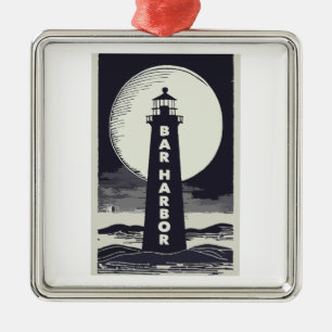 Ornement Carré Argenté Bar Harbour Maine Lighthouse Moon