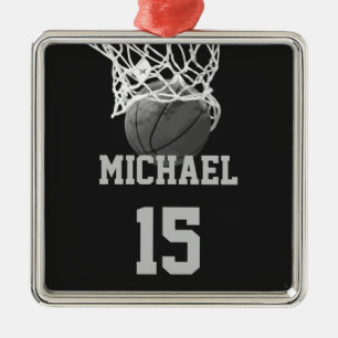 Ornement Carré Argenté Basket-ball Votre nom