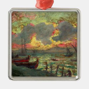 Ornement Carré Argenté Bateaux à voile sur le rivage (par Kimon Loghi)