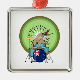 Ornement Carré Argenté Batteur Kiwi Bird
