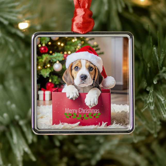 Ornement Carré Argenté Beagle Puppy Christmas Design, (Arbre)