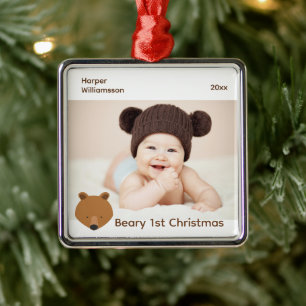 Ornement Carré Argenté Bear Photo Baby First Christmas