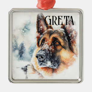 ORNEMENT CARRÉ ARGENTÉ BEAU CHIEN ALLEMAND SHEPHERD DE COULEUR D'EAU