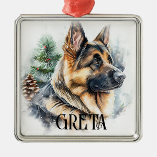 ORNEMENT CARRÉ ARGENTÉ BEAU CHIEN ALLEMAND SHEPHERD DE COULEUR D'EAU
