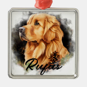 ORNEMENT CARRÉ ARGENTÉ BEAU HIVER GOLDEN RETRIEVER CHIEN
