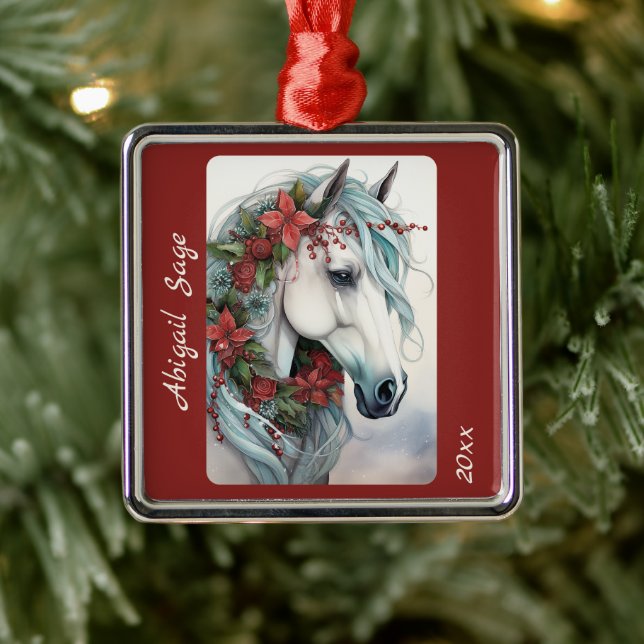 Ornement Carré Argenté Beau Noël de Cheval Blanc Personnalisé (Arbre)
