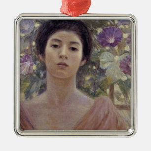 Ornement Carré Argenté Beauté japonaise avec des fleurs de gloire mauve