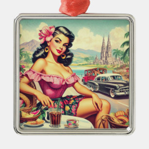 Ornement Carré Argenté Beauté rétro fille hispanique