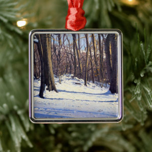 Ornement Carré Argenté Beaux arbres d'hiver en violet bleu blanc orange
