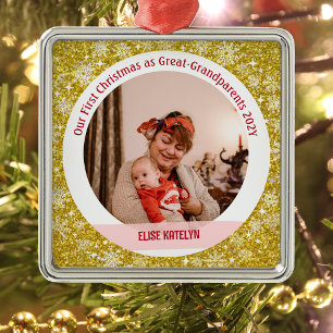 Ornement Carré Argenté Bébé 1er Noël comme grands-parents doré
