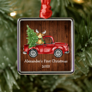 Ornement Carré Argenté Bébé premier Noël Camion rouge Moose Rustic