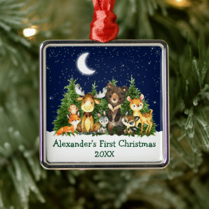 Ornement Carré Argenté Bébé Première Noël Aquarelle Forêt Animaux