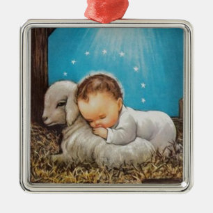 Ornement Carré Argenté Bébé vintage Dormir Avec Un Agneau