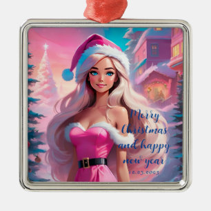 Ornement Carré Argenté Belle fille de Noël rose 01