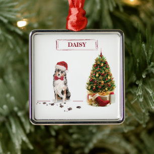 Ornement Carré Argenté Berger australien Chien de Noël drôle avec arbre