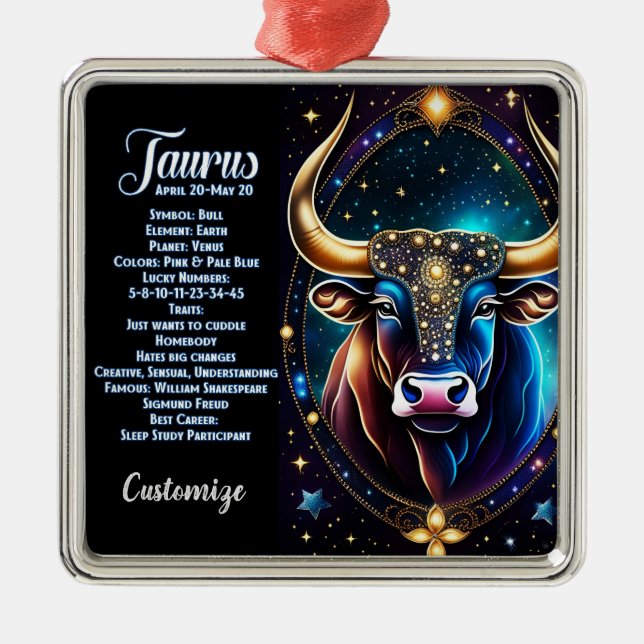 Ornement Carré Argenté Bijou personnalisé Galaxie Zodiac Taurus (Devant)