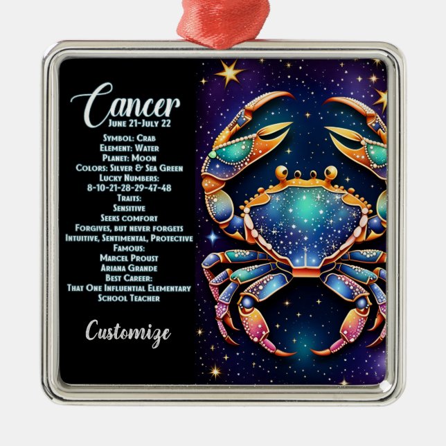 Ornement Carré Argenté Bijou personnalisé Galaxie Zodiaque Cancer (Devant)