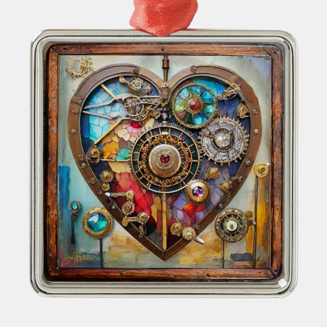 Ornement Carré Argenté Bijoux Et Vitrail Coeur Série Steampunk (Devant)