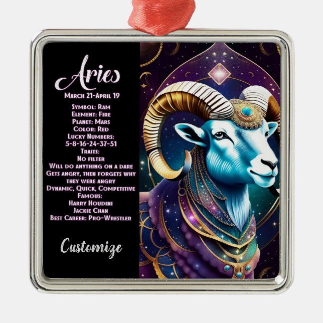 Ornement Carré Argenté Bijoux personnalisés Galaxie Zodiac Aries (Devant)