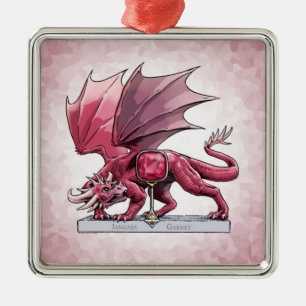 Ornement Carré Argenté Birthstone Dragon - Janvier Garnet