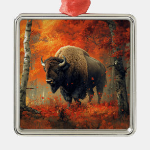 Ornement Carré Argenté Bison dans l'artisanat boisé d'automne