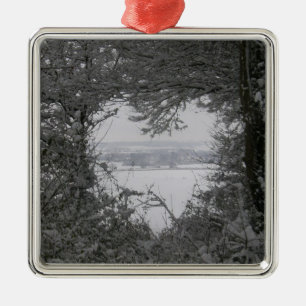Ornement Carré Argenté Black and White Love Snow Heart Photo Christmas Ho