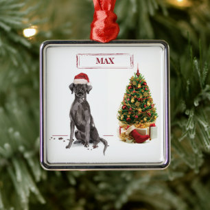 Ornement Carré Argenté Black Lab Drôle de Noël Chien et Arbre