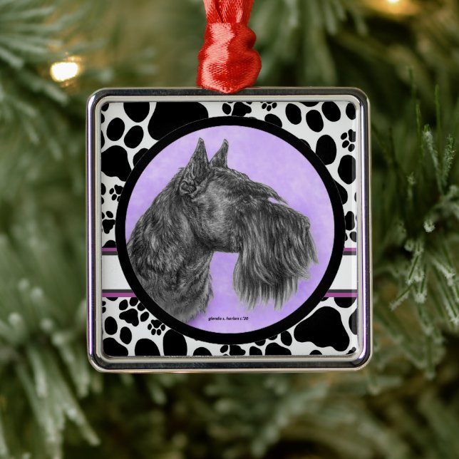 Ornement Carré Argenté Black Schnauzer Art par Glenda Harlan (Arbre)
