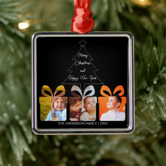 Ornement Carré Argenté Black White Family Photo Minimalist Christmas Tree