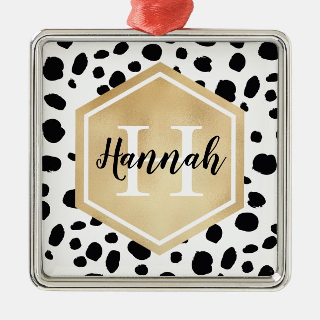 Ornement Carré Argenté Black White Spots Motif Gold Monogramme (Devant)