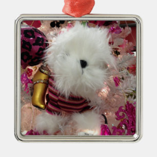ORNEMENT CARRÉ ARGENTÉ BLANC FUFFY PUPPY NOËL ORNAMENT
