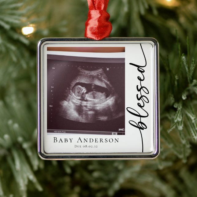 Ornement Carré Argenté Blessed Pregnancy Scan Photo Keepsaké (Arbre)